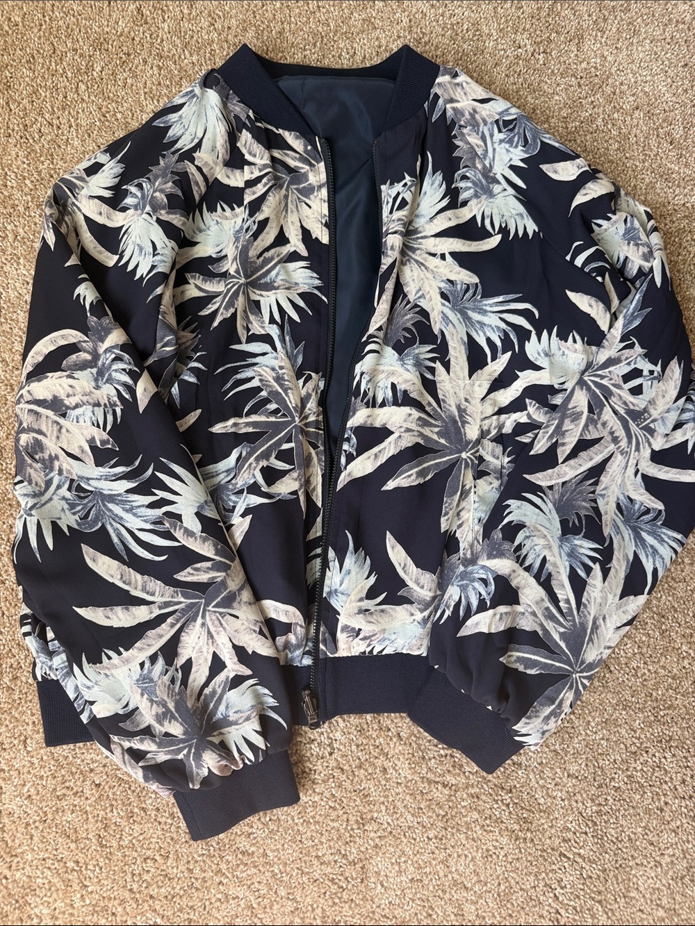 Tropical Print Bomber Jacket - Navy with Cream Palm Leaves